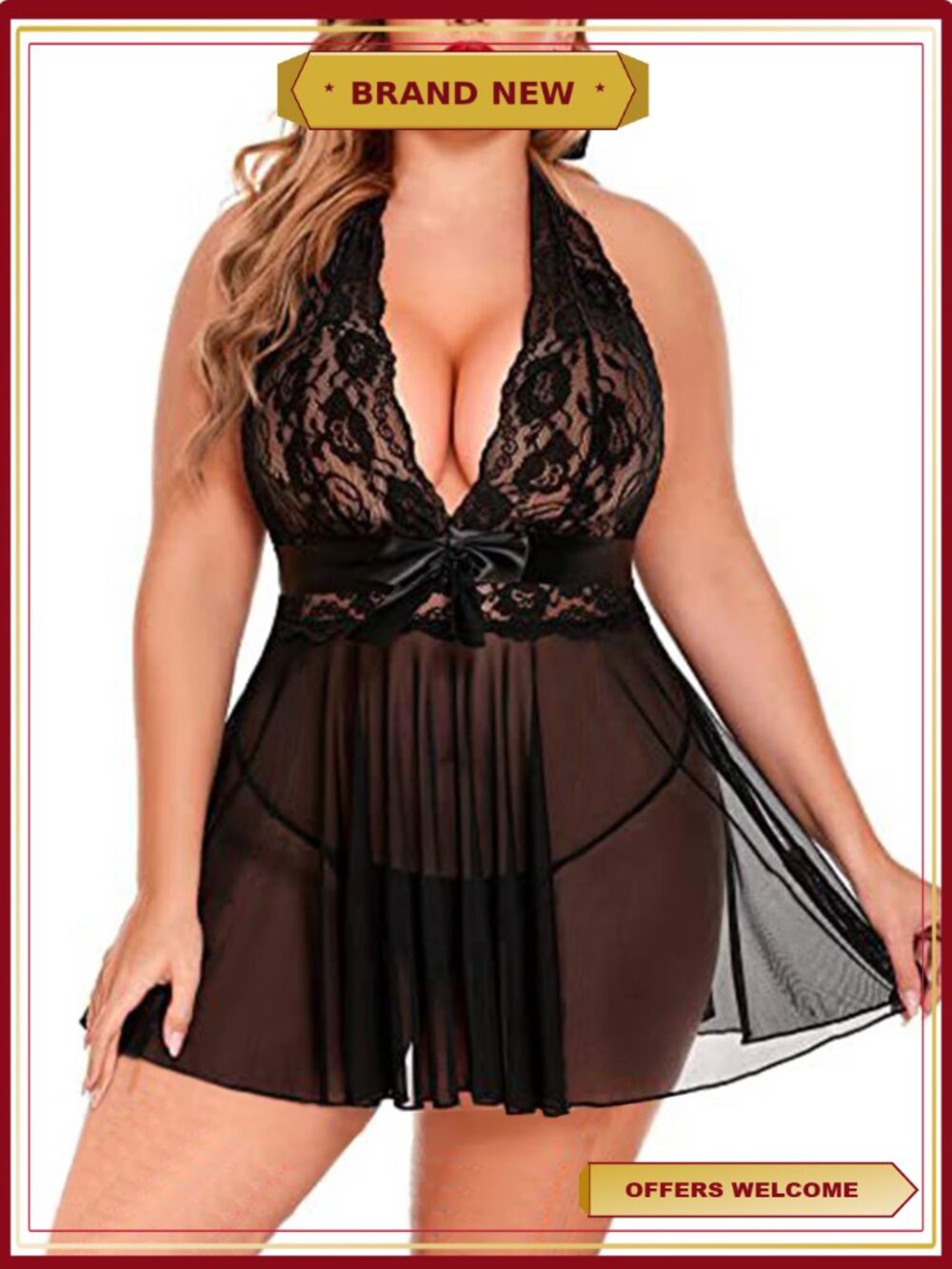 Sheer Mesh Halter Chemise Lingerie with Open Back and Bow Tie